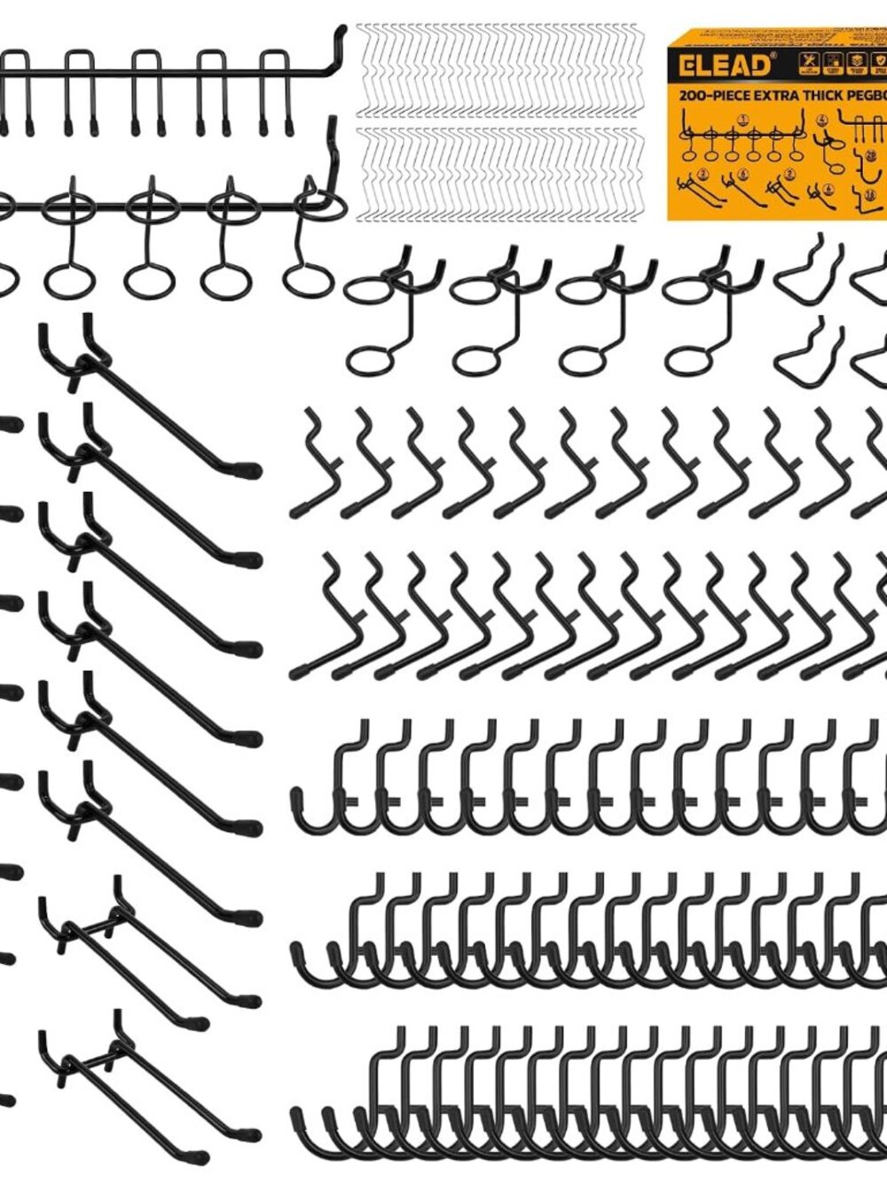 200-Piece Extra Thick Pegboard Hooks Set, 1/4" Heavy Duty Black Peg Board Organi